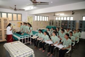 A group of diverse students in their uniforms at Florence College of Nursing.