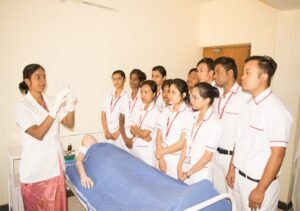 A classroom at Shekhar College of Nursing Bangalore, where students learn about the latest nursing practices and technologies.