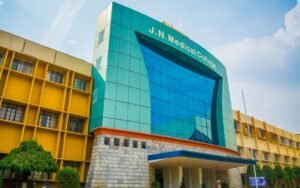 Imposing facade of JN Medical College Belgaum, a premier medical institution in Karnataka, India.